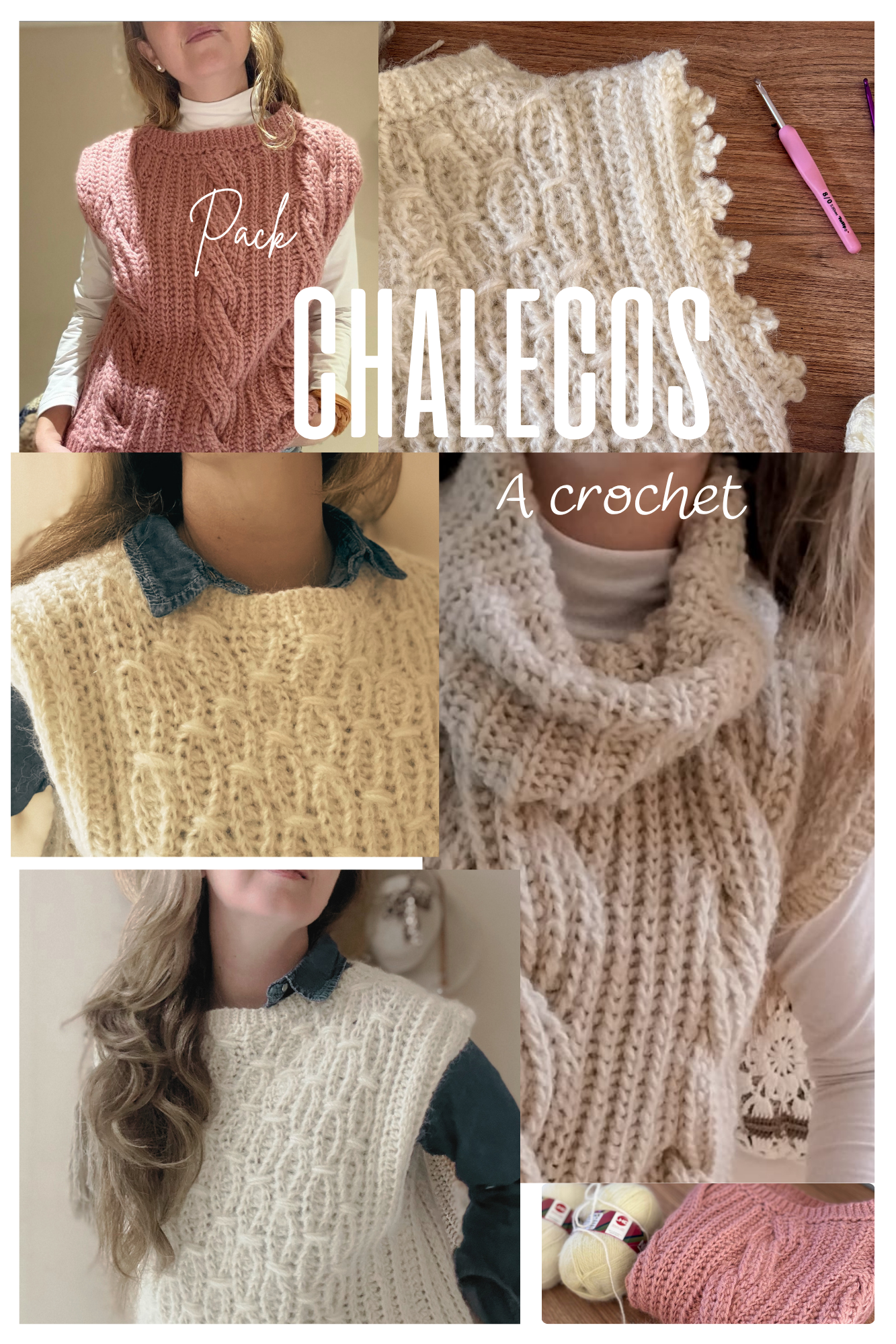 Pack Temporada de Chalecos a crochet/aprende a tejer 2 chalecos con diferentes tramas ( ochos a crochet y trama infinita)